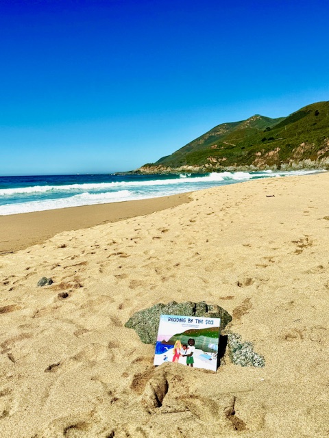 Reading By The Sea propped up in the sand on a sunny beach