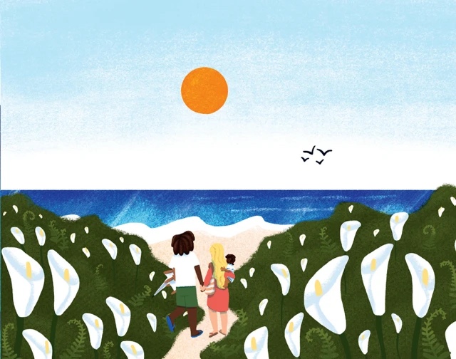 Illustration from Reading By The Sea: a family walking through calla lilies toward the ocean under an orange sun